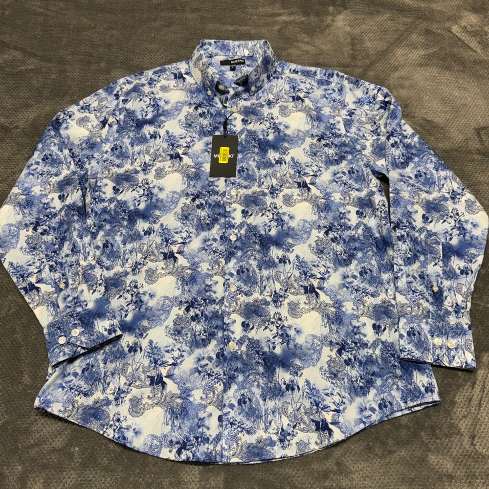 Murano Mens Blue White Paisley Floral Toile Button Down Shirt Cotton Large NEW